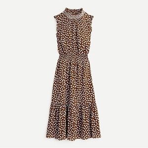 J Crew Smocked Waist Midi Dress Polk Dot Brown and White